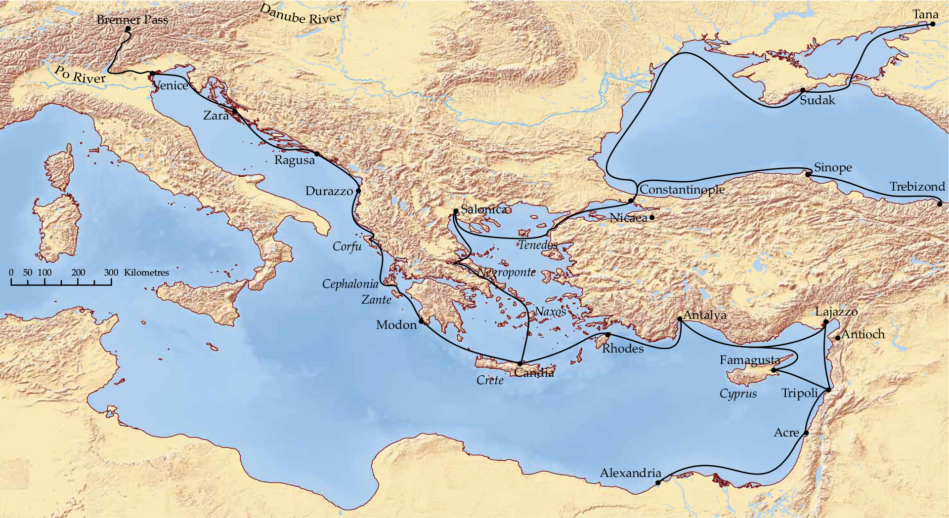 Map: Trade routes of medieval Venice